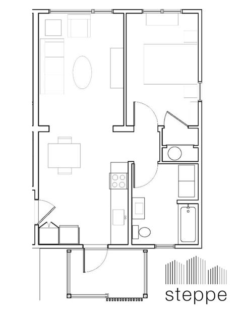Floor plan for 1 bed, 1 bath, 643 sqft